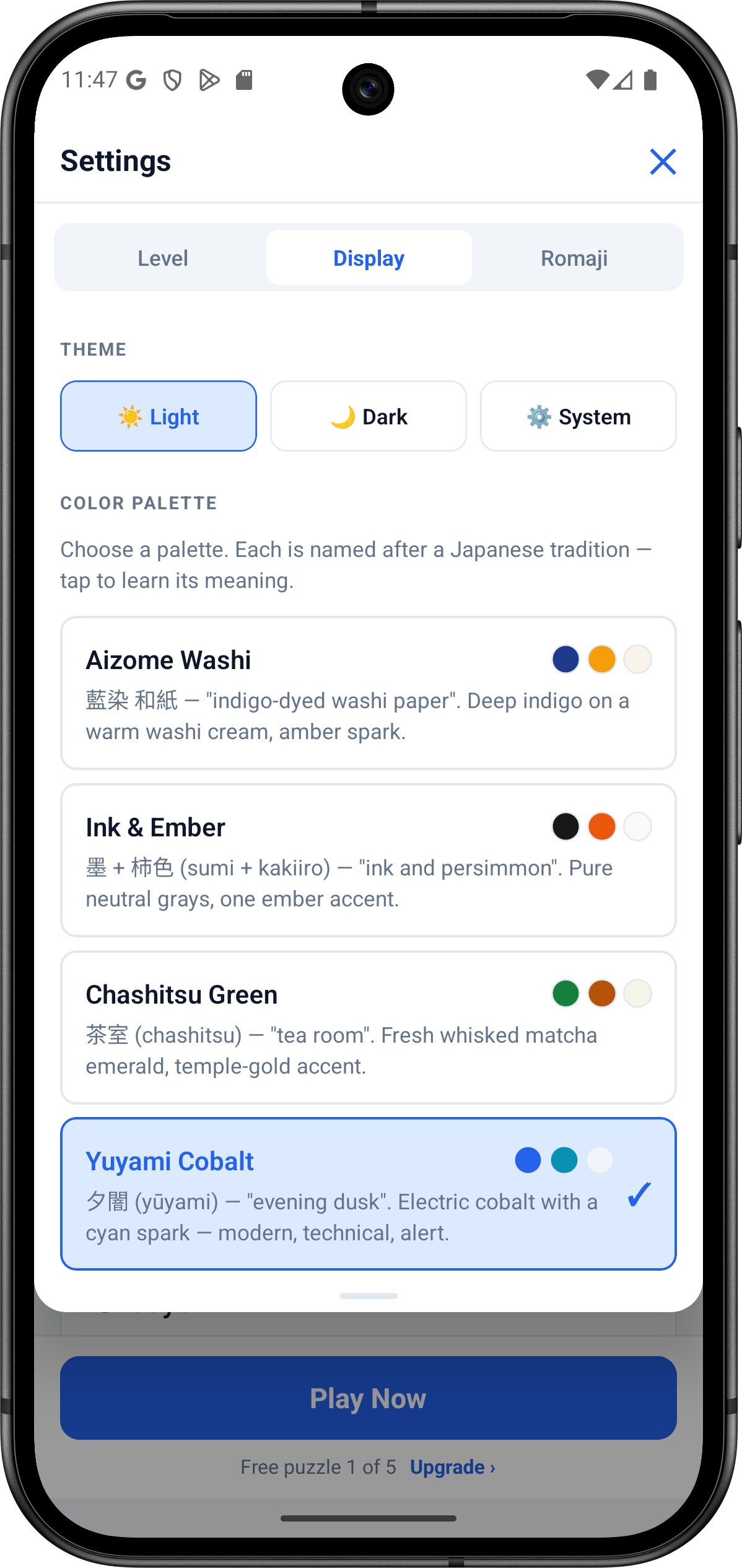Theme picker showing six colour palettes: Aizome, Ink & Ember, Chashitsu, Yuyami Cobalt, Kasuga, and Sakura Komorebi