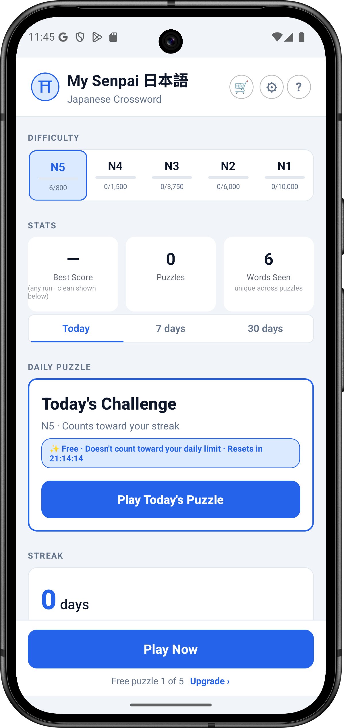 My Senpai Crossword home dashboard showing daily puzzle and streak counter