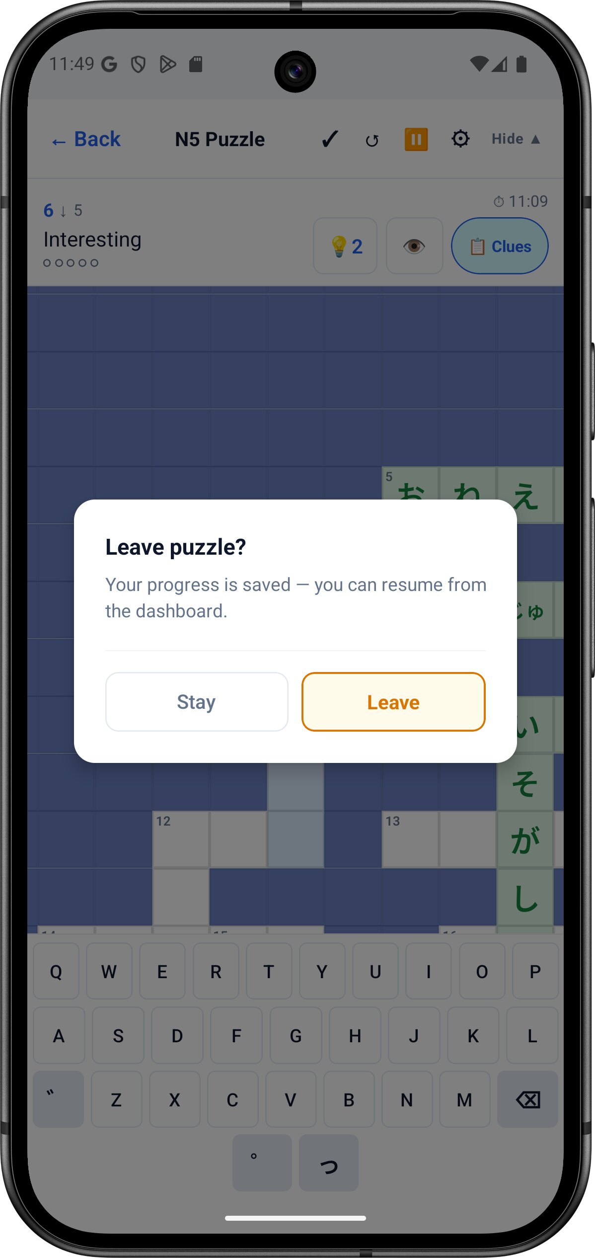 Streak and progress tracking screen in My Senpai Crossword showing consecutive days solved