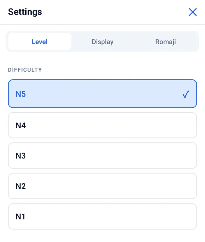 The Crossword level picker: N5, N4, N3, N2 and N1