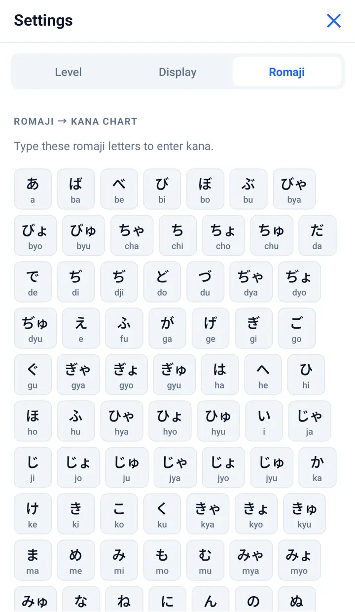 The built-in romaji chart: each hiragana with the romaji that types it