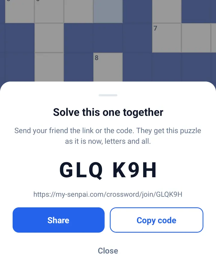 My Senpai Crossword invite sheet titled Solve this one together, showing the code GLQ K9H, the invite link and the Share and Copy code buttons