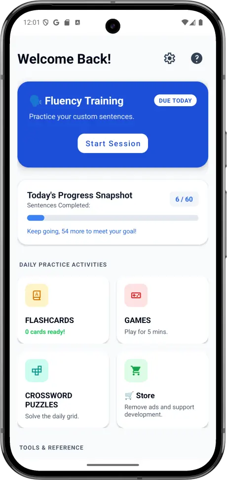 Dashboard with daily goal, cards due and roadmap position