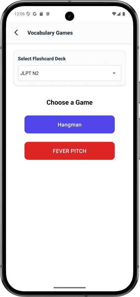 Vocabulary game selection screen