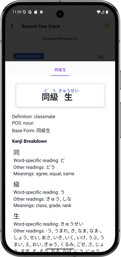 Kanji lookup sheet opened by long-pressing a word