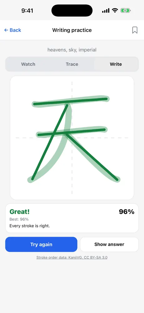 Writing practice result: Great, 96%, every stroke is right