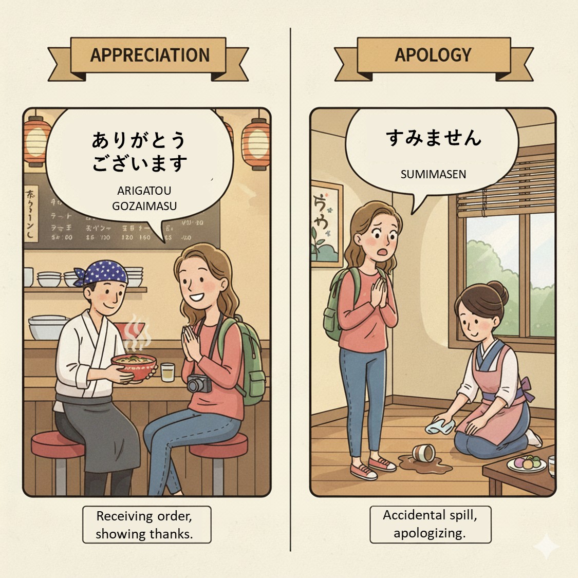 A Japanese shopkeeper politely greeting a customer, demonstrating the importance of Sumimasen and Arigatou