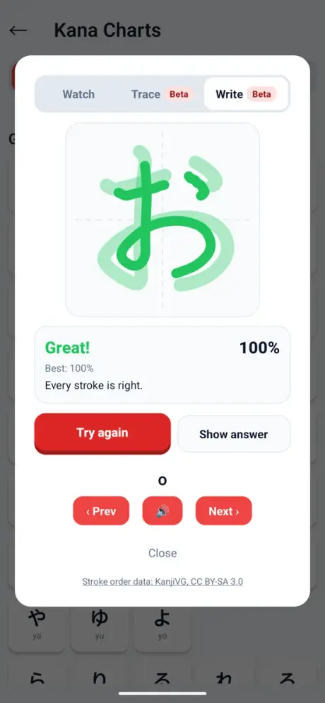 Write mode result with a score and per-stroke marks