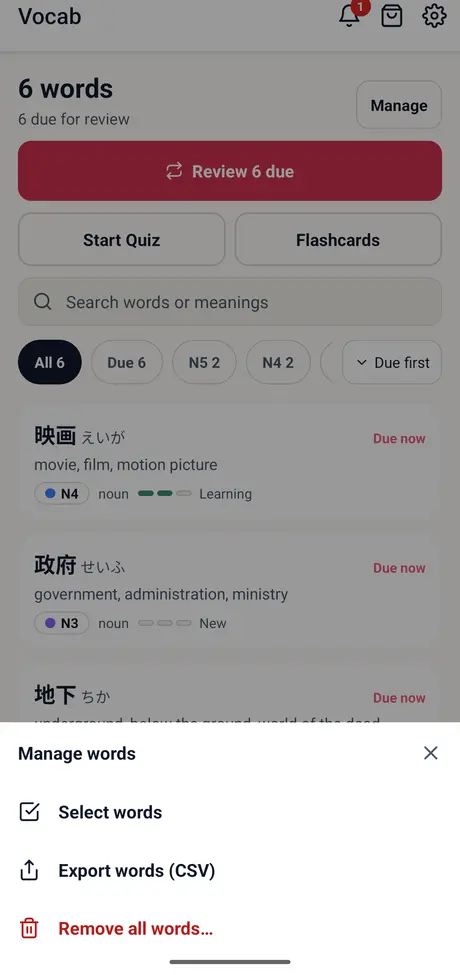 Vocab screen with the Manage words sheet: Select words, Export words (CSV), Remove all words