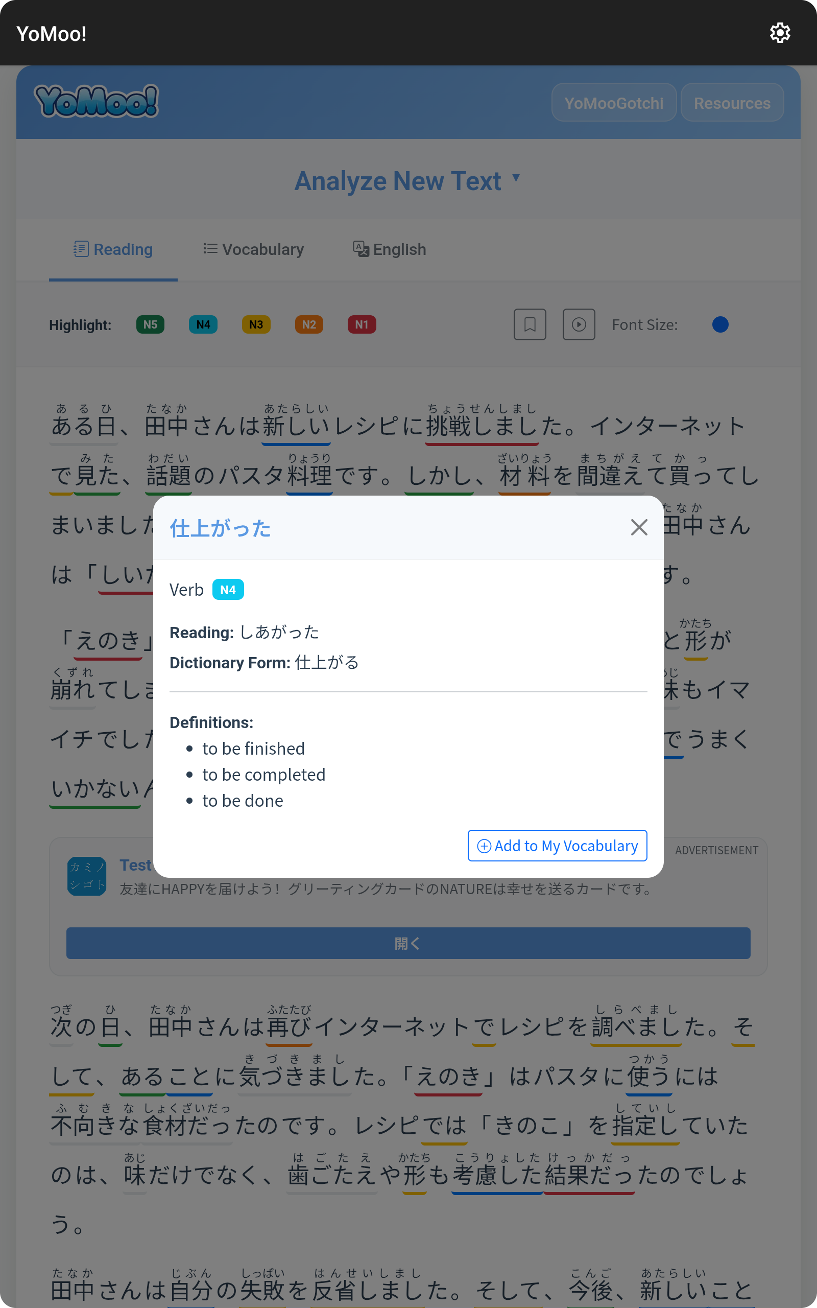 Vocabulary Lookup Screen