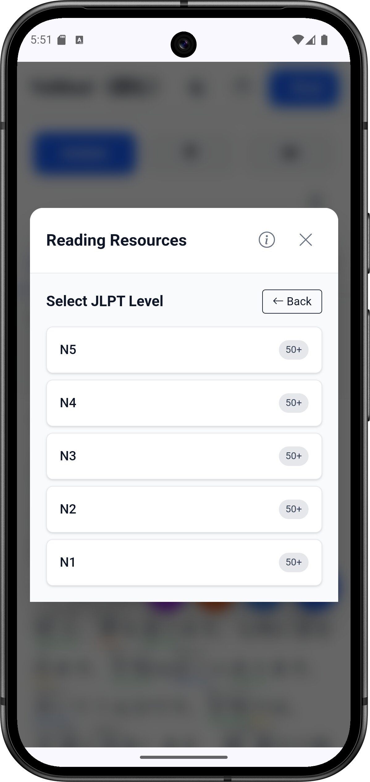 YoMoo JLPT level content selection modal showing N5 through N1 reading practice passages with article counts for structured Japanese language exam preparation