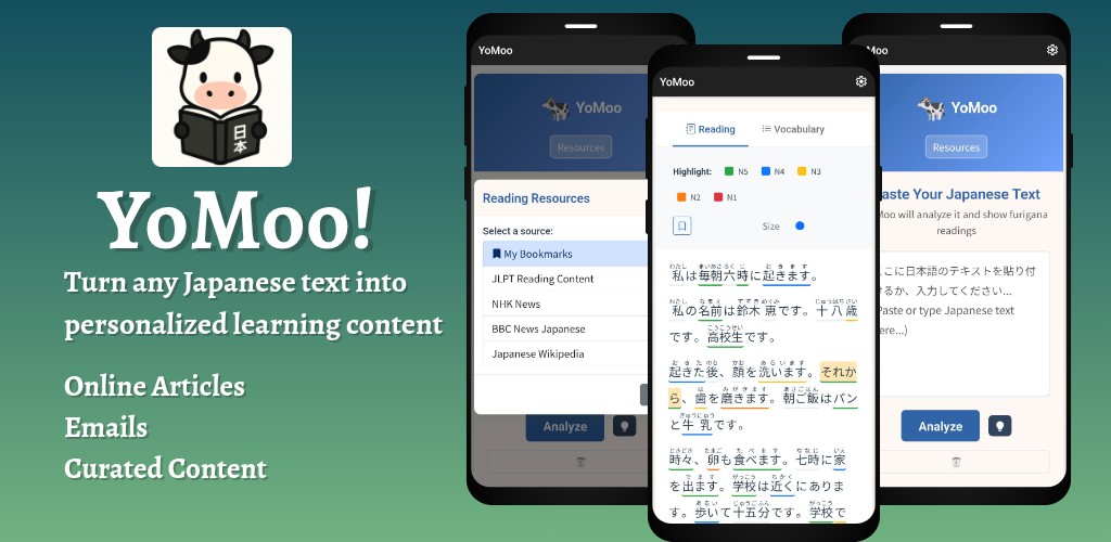 YoMoo!: Transform Japanese text with furigana and dictionary